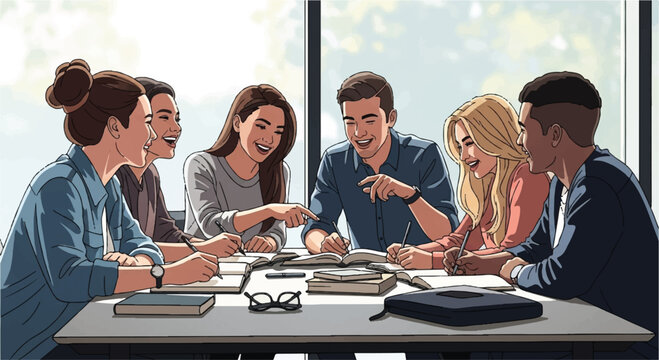 Diverse group of young people collaborating at a table