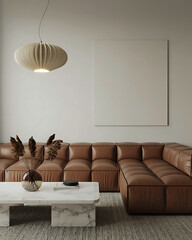 Modern Living Room Interior Design with Brown Leather Sofa and Marble Coffee Table Stylish Pendant Light and Minimalist Wall Art Creating a Cozy and Elegant Space