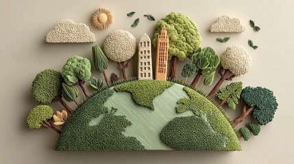 Textured artistic representation of Earth with green landmasses, surrounded by felt-like trees, buildings, clouds, and sun, symbolizing environmental care and urban development.