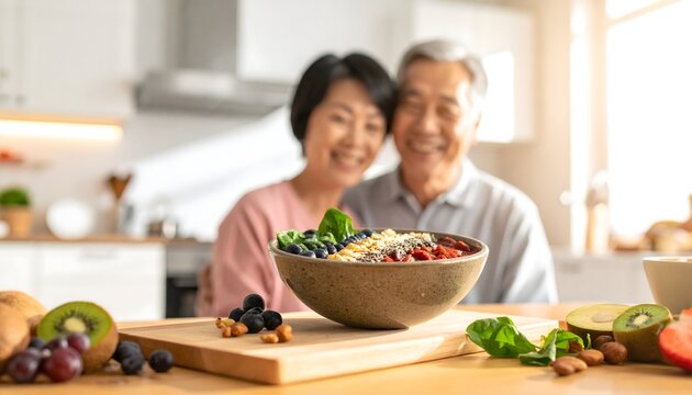 Healthy eating asian senior couple with breakfast bowl food - Powered by Adobe