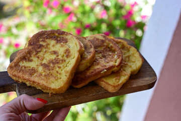French toast  and white cheese. Rustic breakfast  made from deep fried   bread   with organic free range   eggs