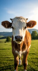 Cute Calf in a Green Meadow.