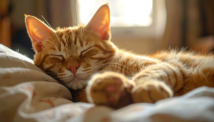 Orange tabby cat sleeping peacefully on a bed in sunlight