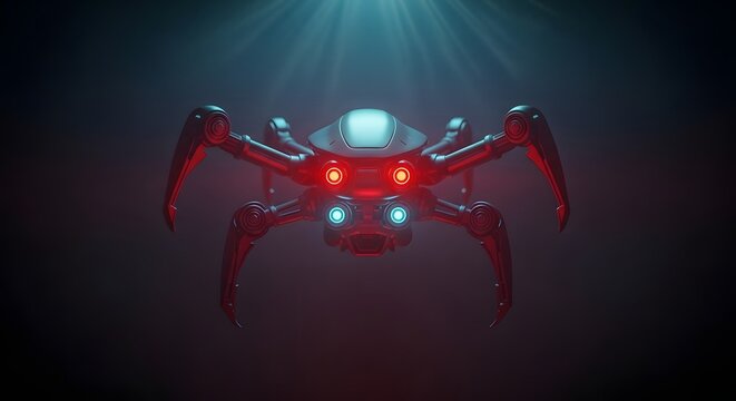 A menacing robotic spider with glowing red eyes and blue lights, submerged in dark, mysterious water with light rays shining down.