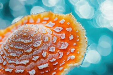 Detailed macro photograph showcasing the iconic orange cap and white scales of a mushroom, with a mesmerizing teal bokeh background.