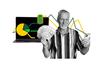 Composite trend artwork sketch image photo collage of businessman aged guy work laptop rich money coins banknote dollar bitcoin smartphone