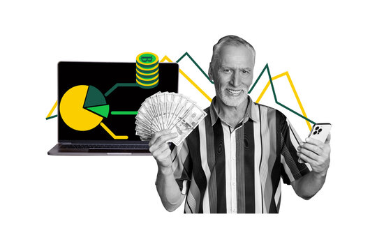 Composite trend artwork sketch image photo collage of businessman aged guy work laptop rich money coins banknote dollar bitcoin smartphone