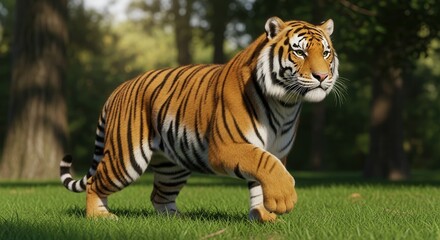 Obraz premium Majestic Tiger Walking Through Green Grass in Forest