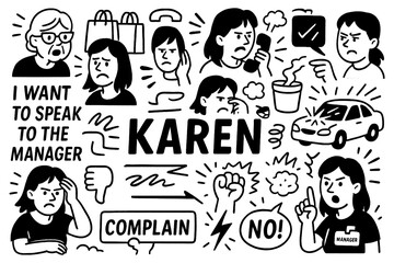 Karen meme doodle composition with angry woman, complaint symbols and demanding attitude, Transparent Background