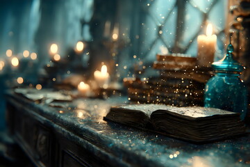 Dust dances in the air as candles illuminate an old library filled with mysterious books and artifacts during twilight
