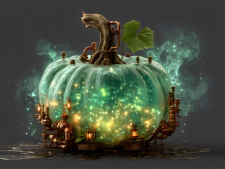 Unique green glowing pumpkin with metallic pipes creating an enchanting effect during a mystical evening