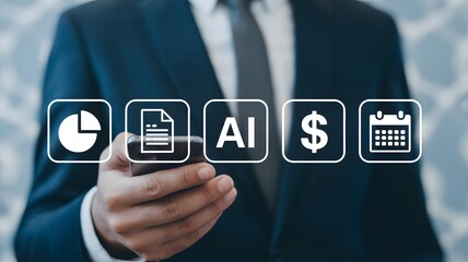 AI technology in finance and accounting. preparing tax return, with artificial intelligence tools. Accounting paycheck documentation and financial fee incentive. businessman with virtual icon.
