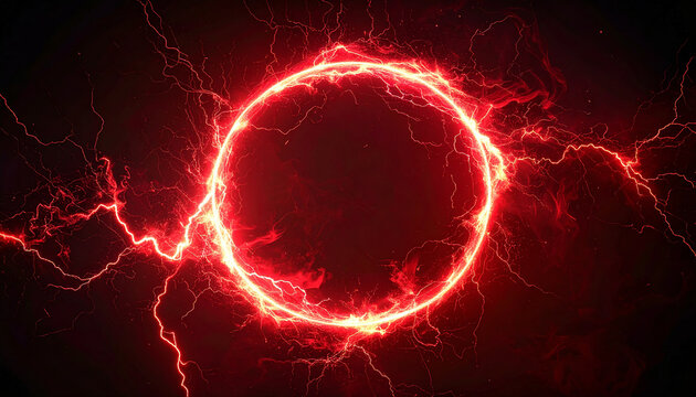 Abstract glowing red lightning circle, sparks and electric arcs radiating, deep dark background