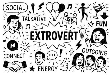 Extrovert doodle composition with social people, friends, party and energetic lifestyle symbols, Transparent Background