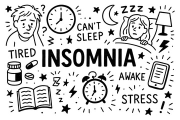 Insomnia doodle composition with sleepless people, stress, caffeine and night symbols, Transparent Background