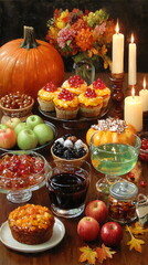 Harvest feast with colorful desserts, fruits, and autumn decorations for seasonal celebration