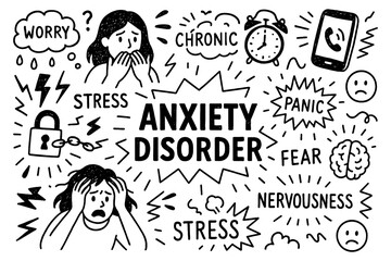 anxiety disorder concept with stressed faces, worry pills and brain doodle icons, Transparent Background