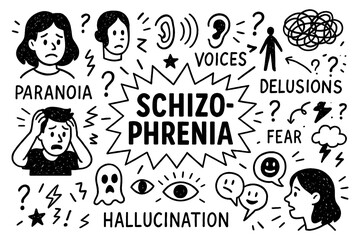 schizophrenia concept with paranoia, hallucination and mental disorder doodle icons, Transparent Background