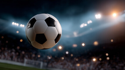 Naklejka premium A soccer ball flying mid-air under stadium lights during an intense match, symbolizing teamwork, competition, and the thrill of football. soccer ball action shot, football stadium