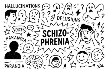 schizophrenia concept with paranoia, hallucination and mental disorder doodle icons, Transparent Background