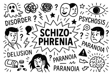 schizophrenia concept with paranoia, hallucination and mental disorder doodle icons, Transparent Background
