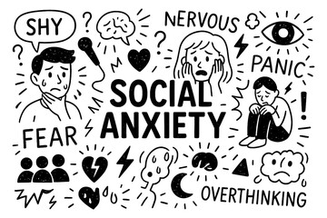 social anxiety concept with nervous faces, avoidance symbols and doodle style icons, Transparent Background