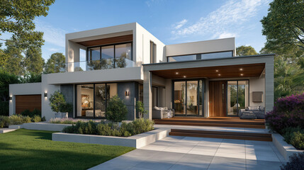 Fototapeta premium Modern architectural design showcases contemporary home with large windows, spacious patio, and lush landscaping, creating serene atmosphere