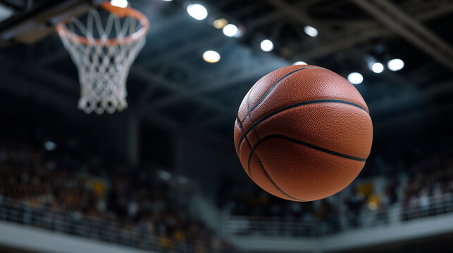 Close-up of a basketball in flight during a professional match, with blurred fans and bright floodlights in the background, capturing the intensity and drama of the game. basketbal