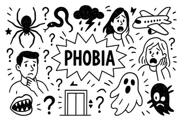 phobia concept with fearful faces, spiders, snakes and ghost doodle icons, Transparent Background