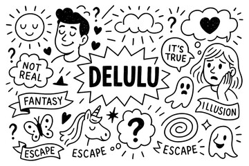 delulu concept with fantasy icons, unrealistic dreams and doodle characters, Transparent Background