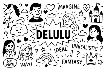delulu concept with fantasy icons, unrealistic dreams and doodle characters, Transparent Background
