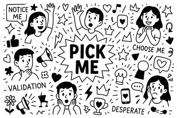 pick me concept with attention seeking people, validation quotes and doodle icons, Transparent Background