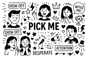 pick me concept with attention seeking people, validation quotes and doodle icons, Transparent Background