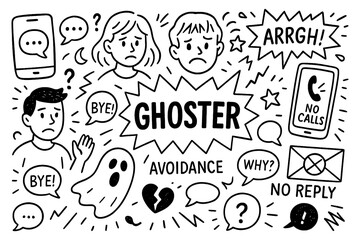 ghosting concept with sad faces, broken heart phone and unread messages doodle style, Transparent Background