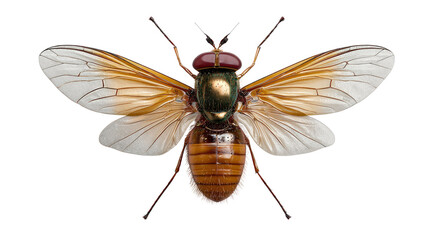 Fototapeta premium Elegant Fly Display: An artful display of a solitary fly, its iridescent green thorax shimmering amidst translucent wings, embodying the intricate beauty of nature's tiny wonders.