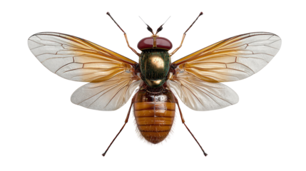 Elegant Fly Display: An artful display of a solitary fly, its iridescent green thorax shimmering amidst translucent wings, embodying the intricate beauty of nature's tiny wonders.