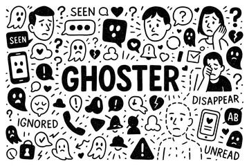 ghosting concept with sad faces, broken heart phone and unread messages doodle style, Transparent Background