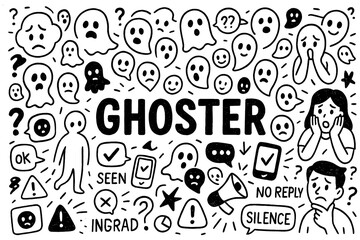 ghosting concept with sad faces, broken heart phone and unread messages doodle style, Transparent Background