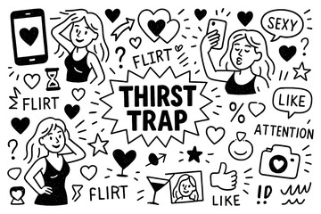 Thirst trap doodle illustration with selfies, flirting, desire and attention seeking elements, Transparent Background