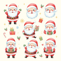 Cute Santa Claus Characters Watercolor Set