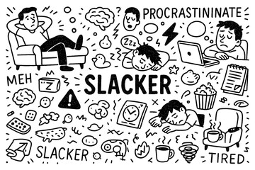 Slacker doodle illustration with procrastination, boredom, lateness and lazy lifestyle elements, Transparent Background