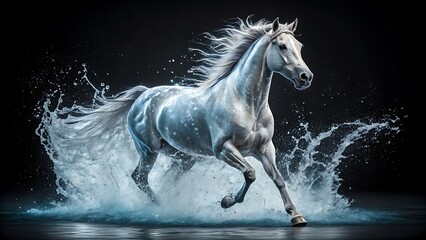 Fototapeta premium White horse running through water splashes on dark background 