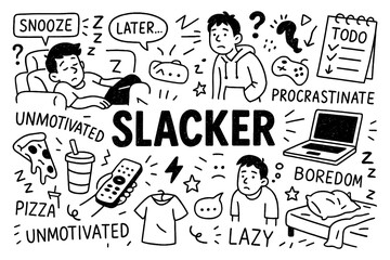 Slacker doodle illustration with procrastination, boredom, lateness and lazy lifestyle elements, Transparent Background