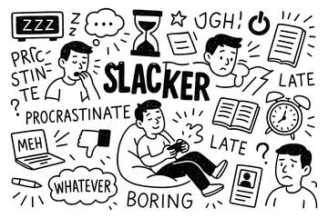 Slacker doodle illustration with procrastination, boredom, lateness and lazy lifestyle elements, Transparent Background