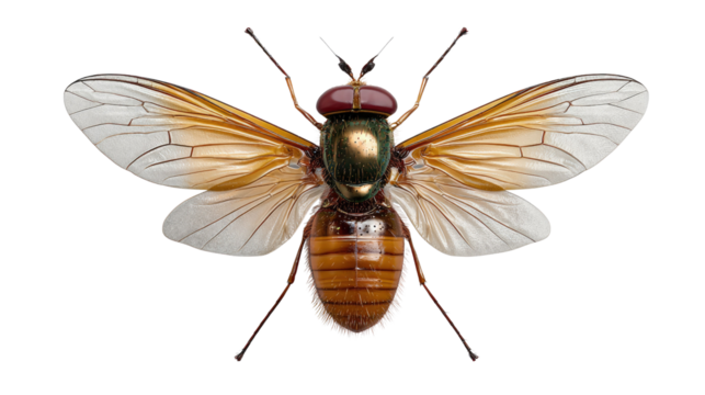 Elegant Fly Display: An artful display of a solitary fly, its iridescent green thorax shimmering amidst translucent wings, embodying the intricate beauty of nature's tiny wonders.