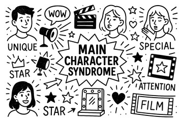 Main character syndrome doodle with self importance, spotlight, crown, social media and attention seeking symbols, Transparent Background