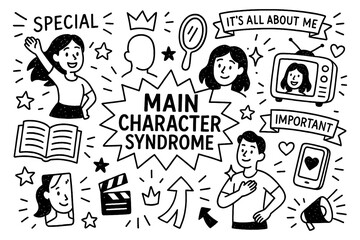 Main character syndrome doodle with self importance, spotlight, crown, social media and attention seeking symbols, Transparent Background