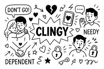Clingy doodle with needy relationships, attention seeking, love me and don’t leave symbols, Transparent Background