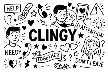 Clingy doodle with needy relationships, attention seeking, love me and don’t leave symbols, Transparent Background