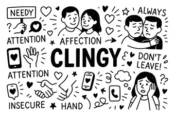 Clingy doodle with needy relationships, attention seeking, love me and don’t leave symbols, Transparent Background